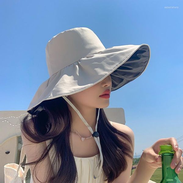 Boinas Sombrero de protección solar de goma negra Sombrero de verano para mujer Plegable Sombrilla de ala grande Protección UV de pescador Sol