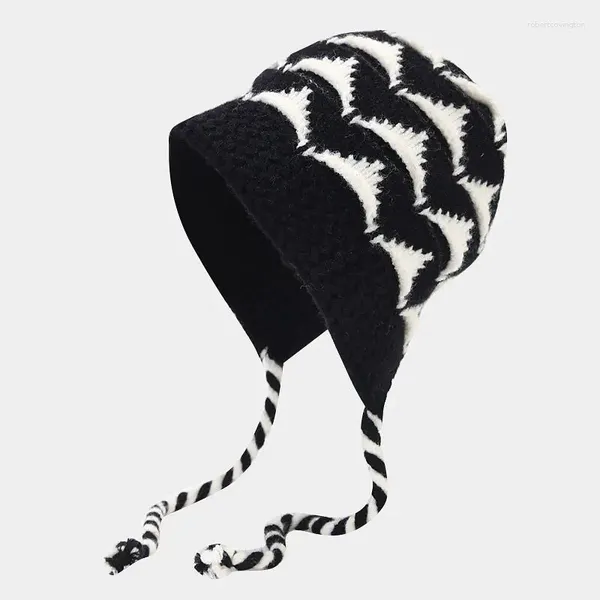 Bérets Bonnets tricotés noir blanc pour femmes chapeaux d'hiver avec oreillettes casquettes Skullies Bonnets oreilles chaudes