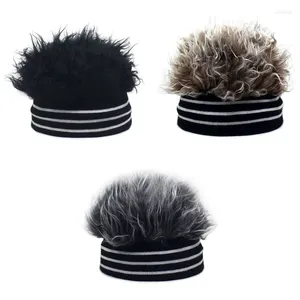 Bérets Bonnet rayé noir et blanc avec cheveux, chapeau d'hiver en tissu de fibre acrylique de haute qualité pour noël et l'année