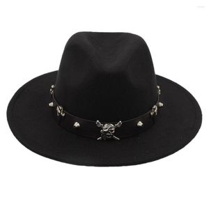 Bérets Noir Laine Femmes Hommes Fedora Chapeau Large Bord Chapeu Cloche Parrain Jazz Casquette SteamPunk Pirate Ceinture Taille 56-58 CM