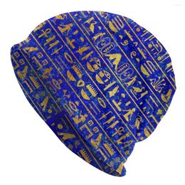 Baretten Blauw en Goud Hiërogliefen Muts Motorkap Gebreide Hoeden Mannen Mode Unisex Oude Egypte Kunst Warme Winter Skullies Mutsen Cap