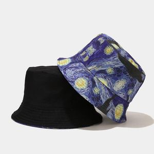 Beretten Blue Starry Sky Oil Painting Bucket Hat For Men Women Summer dubbelzijds gradiënt opvouwbare visser Caps katoen Panama Sun hatberet