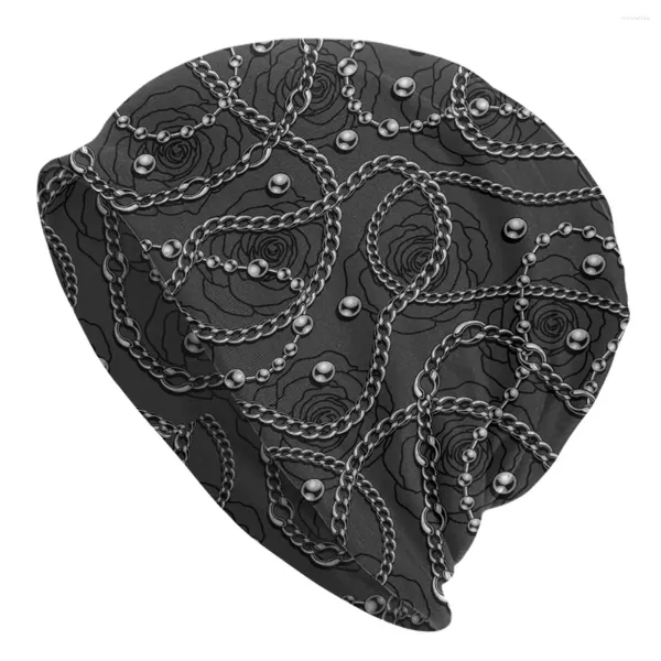 Boinas Gorros Sombreros Hombres Mujeres Cuentas de plata grises Cuerdas de cuentas de metal Cadenas de acero inoxidable Rosas lineales Gorra Hip Hop Skullies Gorros Gorros