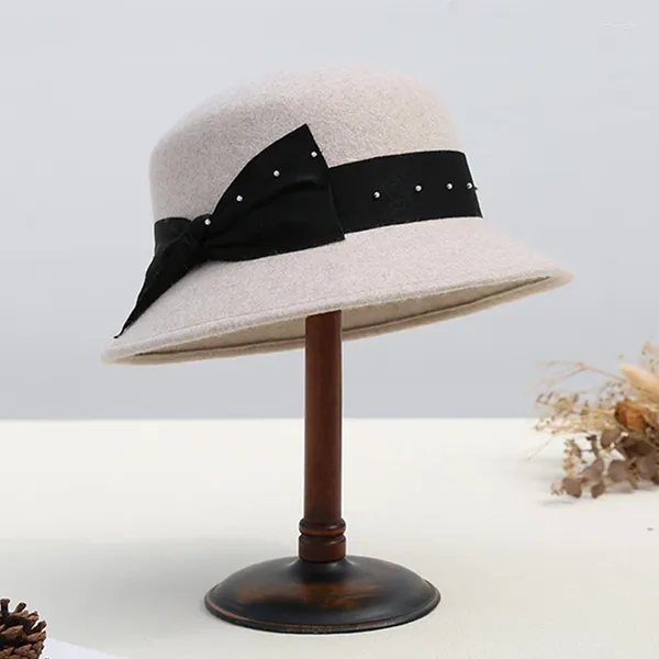 Bérets chapeau melon femmes Fedora Cloche hiver automne laine Panama perles accessoire chaud pour fête de vacances en plein air