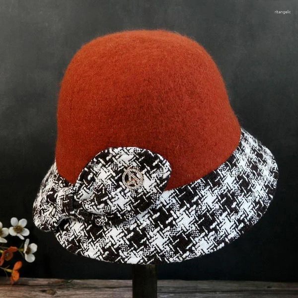 Boinas Marca Moda Fedora Elegante Plaid Otoño e Invierno Señoras Sombrero de lana Big Bow Casual Bucket