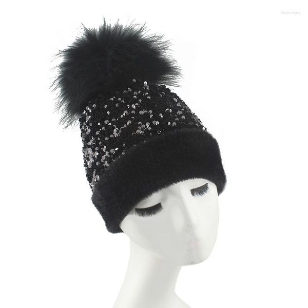 Bérets marque hiver chaud tricoté bonnets chapeaux femmes Bling paillettes Beanie Skullies vraie fourrure pompon chapeau femme Bonnet casquettes