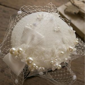Boinas Marca Mujeres Elegante Bowknot Perlas Velo Fascinator Sombrero Cóctel Boina Cap Lady Wedding Party Accesorios para el cabello