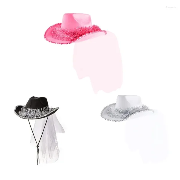 Bérets Chapeau de cowboy de mariée avec voile Bachelorette Party Cowgirl Wedding Drop
