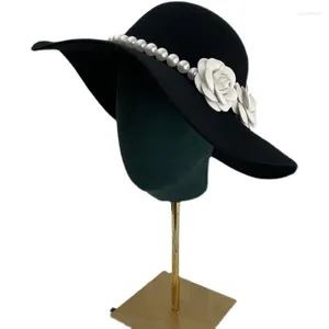 Bérets Bride Hat French Black Big Brim Top Elegant Retro Hepburn English Pearl