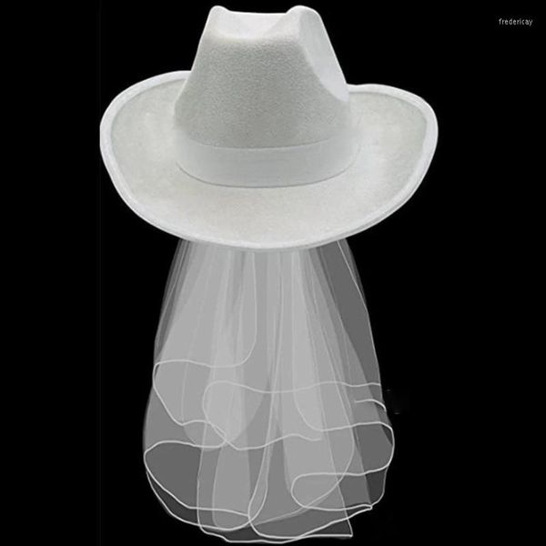 Bérets Chapeau de mariée avec voile à large bord Cowboy blanc pour fournitures de fête non mariées Mariage