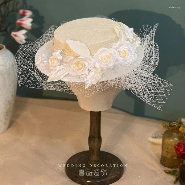 Bérets mariée Po Shoot chapeau chapeaux élégant visage voile fleur Fedoras français luxe Design grand mariage formel plat femmes