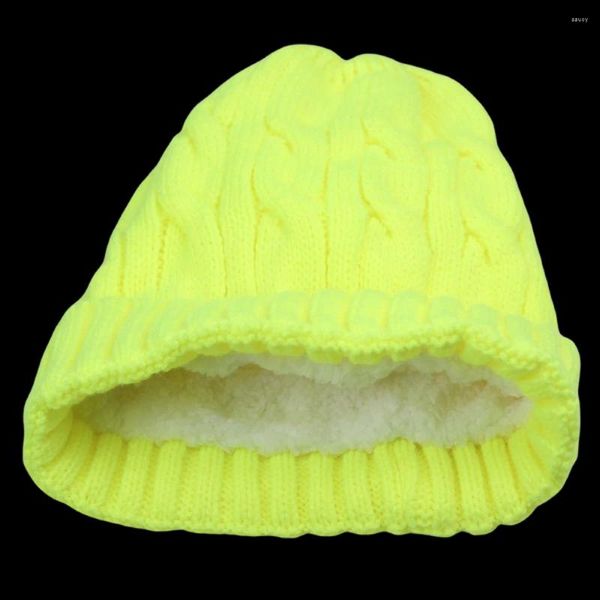 Bérets Couleur vif Chapeaux d'hiver tricotés femmes Fleece Flee doublée de bonnet thermique doublé pour hommes néon jaune orange noir rouge foncé