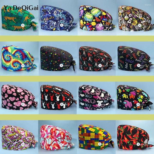 Boinas con estampado brillante, gorro de algodón ajustable con dibujos animados, gorros de trabajo de laboratorio, accesorios quirúrgicos para dentista y enfermería