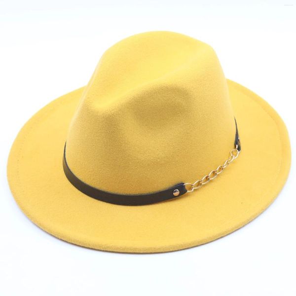 Boinas Amarillo brillante Color sólido Sombreros Fedora con cinturón de cadena Ala ancha Mujeres Hombres Fiesta Jazz Sombrero formal Sombrero de rendimiento de fieltro al por mayor