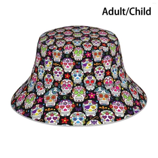 Boinas Calaveras De Azúcar De Colores Brillantes Sobre Un Fondo Negro Sombrero De Cubo Gorra Para El Sol Día De Los Muertos Calavera México Día Mexicano De