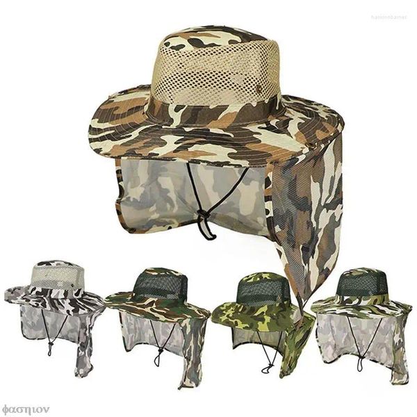 Bérets Bucket Hat Unisexe Pêche extérieure Largeur Brim Man Breathable Mesh Camouflage Camouflage Soleil UV Protection Obelle
