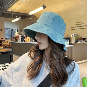 Bérets seau chapeau femmes large bord Denim pêcheur casquette été printemps parasol soleil femme décontracté solide bleu chapeau de soleil pliable