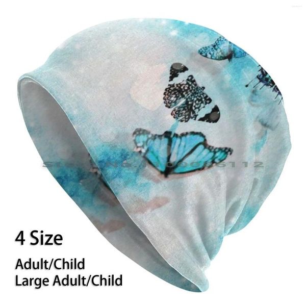 Bérets Bonnets de vol des papillons Bonnet en tricot Aquarelle blanche Papillons bleus scintillants et lumière noire