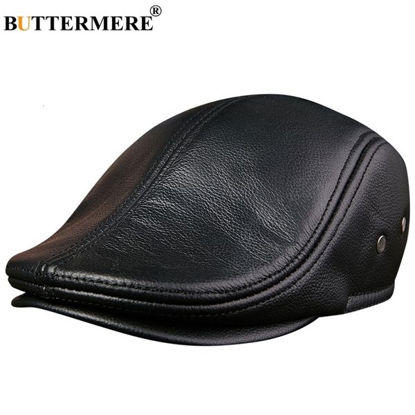 Bérets BUTTERMERE Casquettes Plates Hommes En Cuir Véritable Duckbill Chapeaux Oreillettes Noir Casual Directeurs Cap Mâle Vintage Hiver Conduite 230823