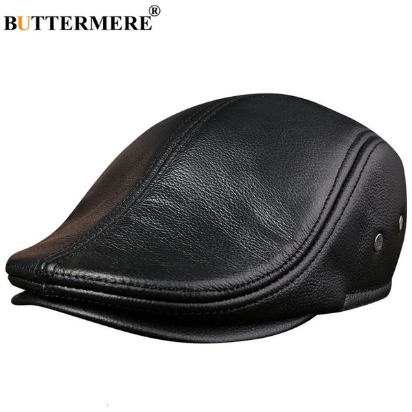 Bérets BUTTERMERE Casquettes plates Hommes Véritable Cuir Duckbill Chapeaux Oreillettes Noir Casual Directeurs Cap Mâle Vintage Hiver Conduite 230928