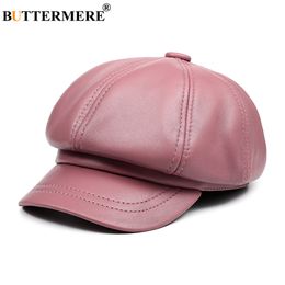 Berets Boter Mere Lederen Vintage Hat Dames Sboy Cap Pink Baker Boy Hoge kwaliteit Brand Ladies Winter Octagonal 230821