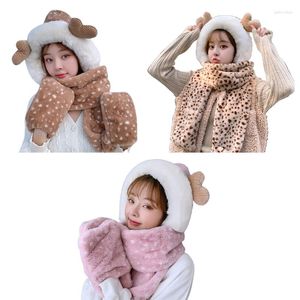 Boinas C6UD Sweet 3-in-1 Cute Antlers Thick Ear Protection Warm Leopard Plush Hat Bufanda Guantes Set A prueba de viento para deportes al aire libre