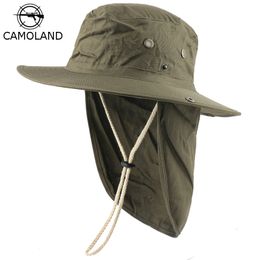 Beretten Camoland vrouwen zomerzon hoeden met nek flap outdoor uv bescherming vishoed voor mannen emmer pet brede randwandeling 230822