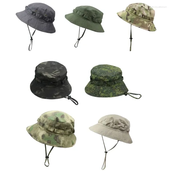 Bérets Camouflage Boonie Bucket Bucket With Chin String Tring Outdoor Travel Fishing Sun N7yd