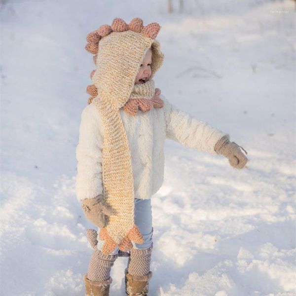 Gorro de boina, bufanda de dinosaurio de dibujos animados para niños, gorros de lana tejidos, gorros gruesos cálidos de otoño e invierno para mujer