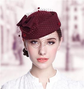 Berets Caps for Women Bride Elegant Wool Gauze Bow Airline Stewardess White Women039s Fedora Caps Formal Lady Hat Royal Style9716240