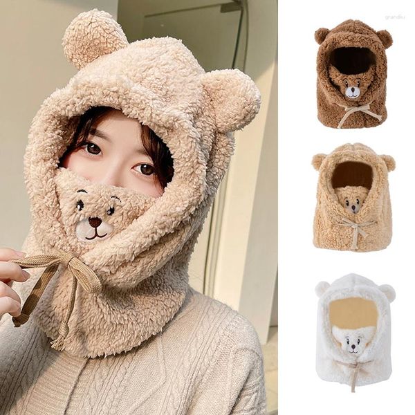 Bérets dessin animé ours polaire écharpe capuche masque chapeau ensemble mignon oreille fille femmes hiver bonnet casquette cou visage protéger double usage collier