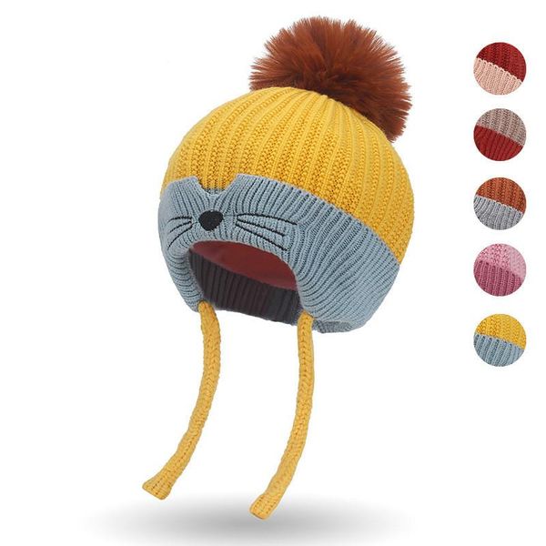 Boinas de dibujos animados lindo cálido bebé niño niños gorro grueso sombrero invierno protección para los oídos coleta hilo niño niña suave Pom Knit