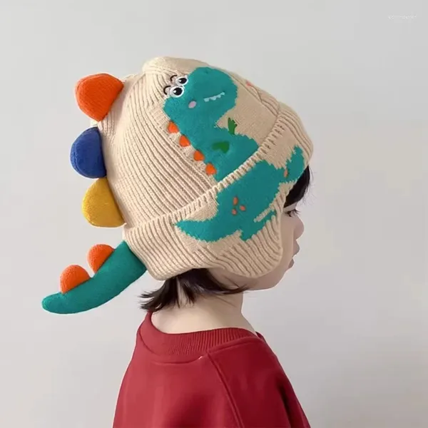 Bérets dessin animé dinosaure enfants cache-oreilles chapeau hiver chaud bonnet tricoté pour garçon fille mignon 3D couleur unie enfant en bas âge casquettes de protection de l'oreille