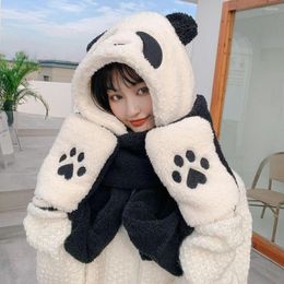 Beretten Cartoon Panda Plush Hat Cute Bear Claw 3 In 1 Keep warm verdikte winddichte winter vrouwen sjaalhandschoenen cap set mitten beanies