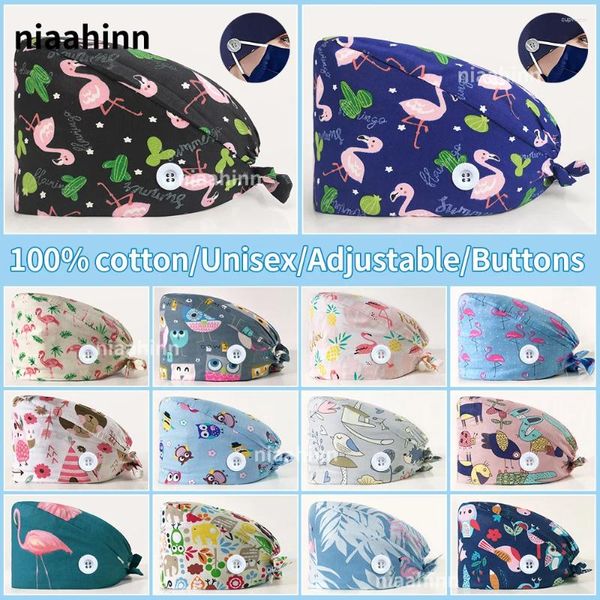 Boinas Gorro con estampado de dibujos animados para mujer, gorro veterinario ajustable de algodón para mascotas, trabajo de laboratorio para dentista