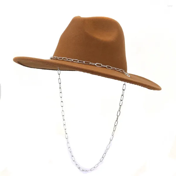 Boinas Decoración de cadena Sombrero Fedora para mujeres Hombres Ala ancha Corazón de melocotón Top Fieltro Jazz Cap Invierno Otoño Panamá Khaki Chapeau de lujo