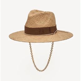 Baretten Kettingriem Stro Fedora Hoed Verfraaid Strandhoeden met ketting voor Dames Stro Geweven Zonnehoeden Zomervakantie Panamahoed