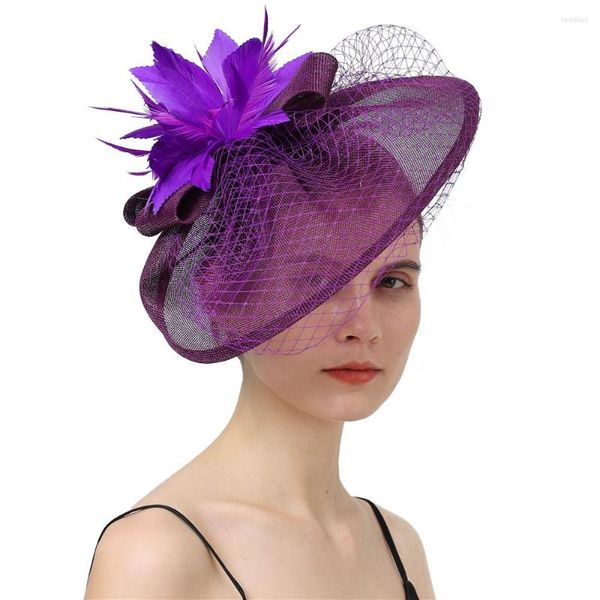 Bérets Charme Violet Mariage Maille Cheveux Fascinators Chapeau Voiles Plume Fleur Casque Femmes Lady Party Marié Course Chapeaux SYF310