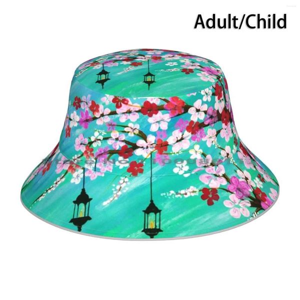 Bérets cerisiers en fleurs, chapeau seau, casquette solaire, lampes à fleurs japonaises, peinture vert bleu, pliable, pêcheur en plein air