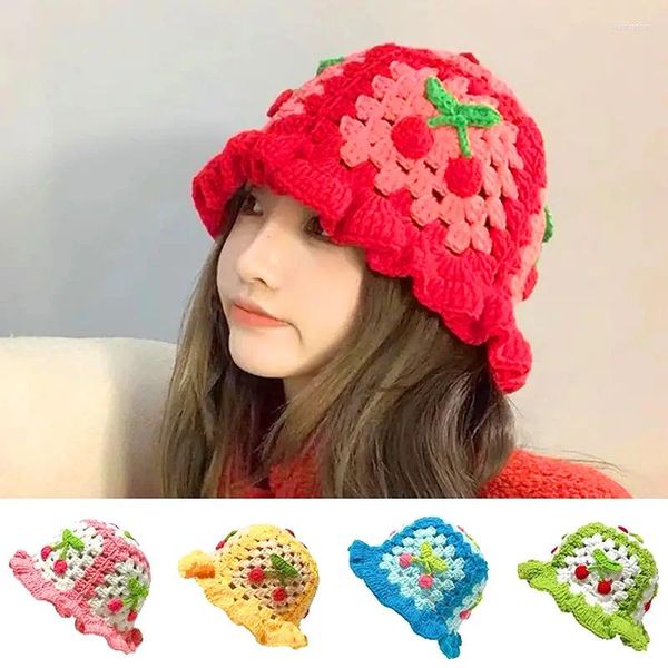 Boinas Cereza Crochet Sombrero de cubo Mujeres Otoño Invierno Hecho a mano Hueco Gorros de punto Moda coreana Cálido Panamá Cap Playa de verano