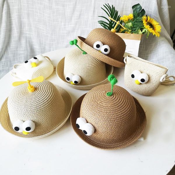 Bérets enfants été mignon chapeau dessin animé yeux bambou libellule à bords roulés extérieur Protection solaire paille plage casquette filles enfant