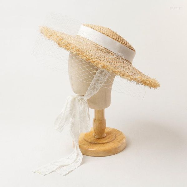 Boinas Sombrero de verano para niños Sombrero de ala ancha Velo de lujo con cordones Top plano Sun Girl Cap Gorras de protección Playa Paja