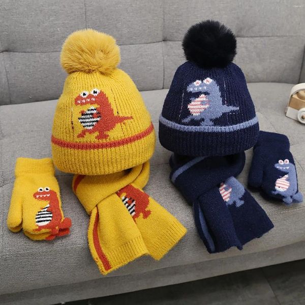 Bérets enfants motif dinosaure tricot bonnet bonnet hiver chaud trois pièces écharpe gant chapeau gants ensemble Gorras Para Hombres