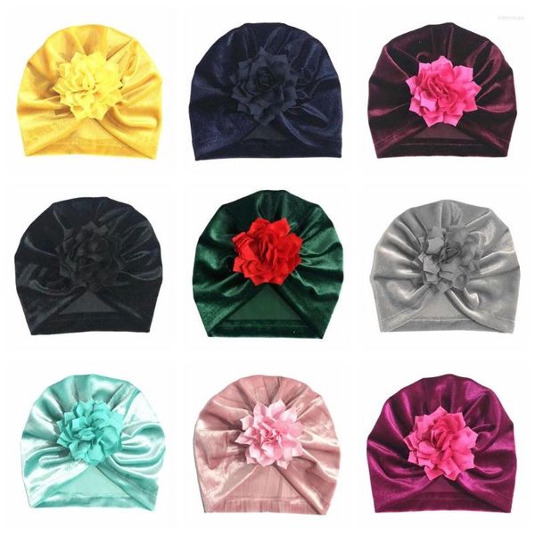 Boinas Niños Elástico Vevlet Nudo Gorros Con Tela Flor de Loto Bebé Niñas Anudado Turbante Sombrero Headwear