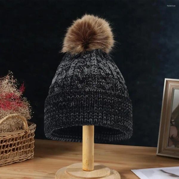 Bérets pour enfants, chapeau, gants, écharpe, ensemble confortable tricoté pour l'hiver, avec décor de boule en peluche, couleur contrastée épaisse pour la chaleur