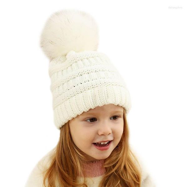 Bérets enfants bonnet tricoté garçons filles hiver chaud rose laine chapeau mignon boule de cheveux Protection oreille blanc décontracté dôme W065