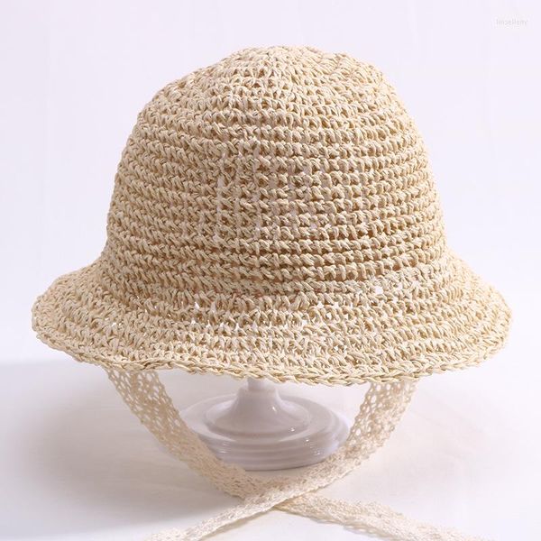 Bérets Enfants Dentelle Sangle Crochet Chapeaux De Paille Bébé Garçon Fille À La Main D'été Pliable Soleil Cap En Plein Air Vacances Plage Protection Chapeau