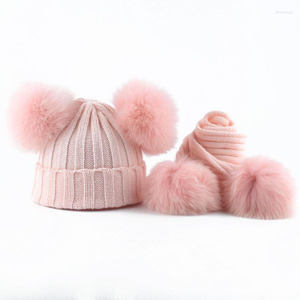 Berets Enfants Real Fur pompom tricot tricot chapeaux foulards