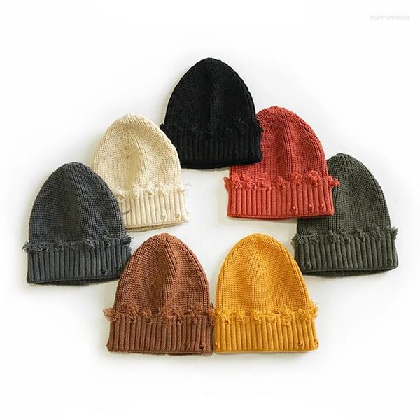 Bérets enfants mode personnalisée trou cassé tricoté chaud déchiré chapeau coréen hip-hop élastique Skullies bonnet hiver