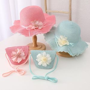 Berets Children Summer Straw Hat Girls Floral Sun Cap Bag voor kinderen buiten strandmeisje schattig ademende baby